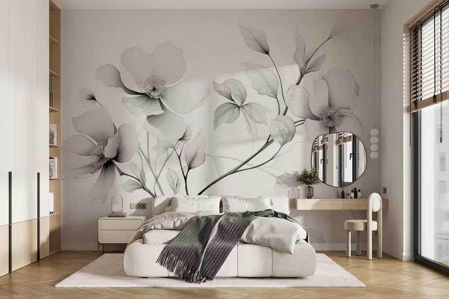 Fototapety Čiernobiele kvety s elegantnými líniami na sivom pozadí w09271