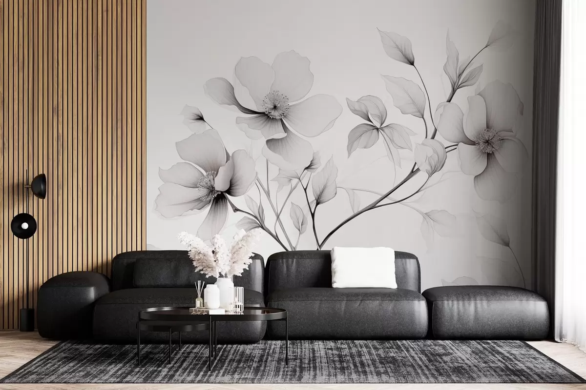 Fototapety Čiernobiele kvety s elegantnými líniami na sivom pozadí w09271