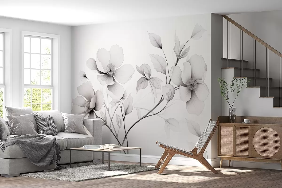 Fototapety Čiernobiele kvety s elegantnými líniami na sivom pozadí w09271