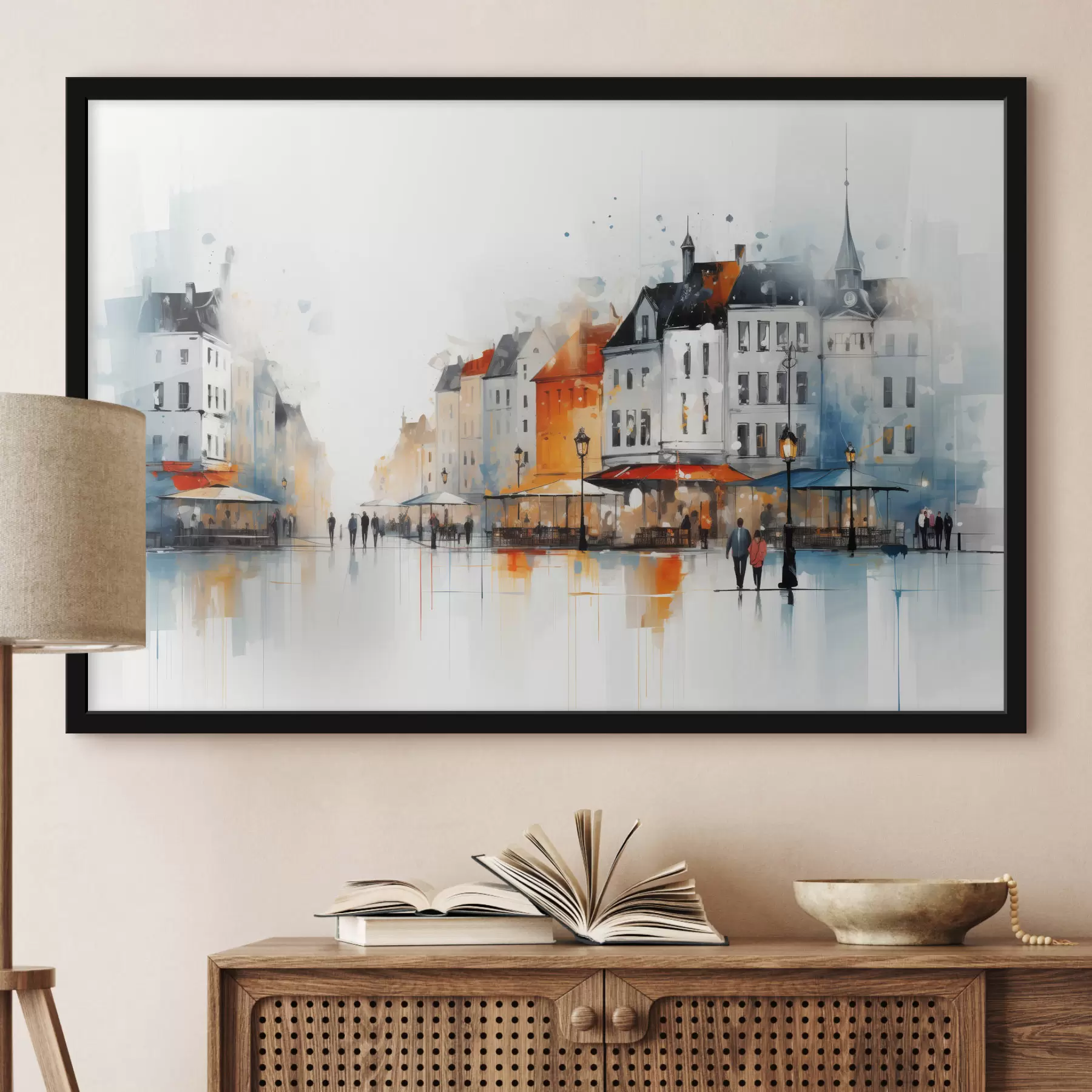 Fototapety Uličná scéna s budovami a ľuďmi v umeleckom štýle f45050