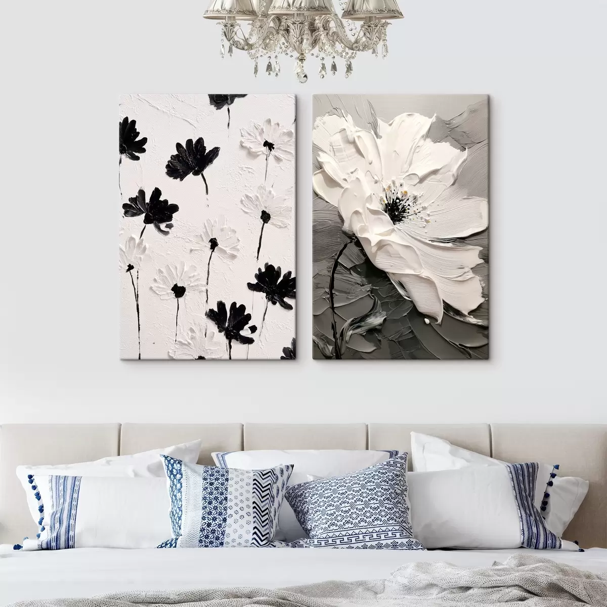 Obraz Diptych s bielymi a čiernymi kvetmi v modernom štýle m00571