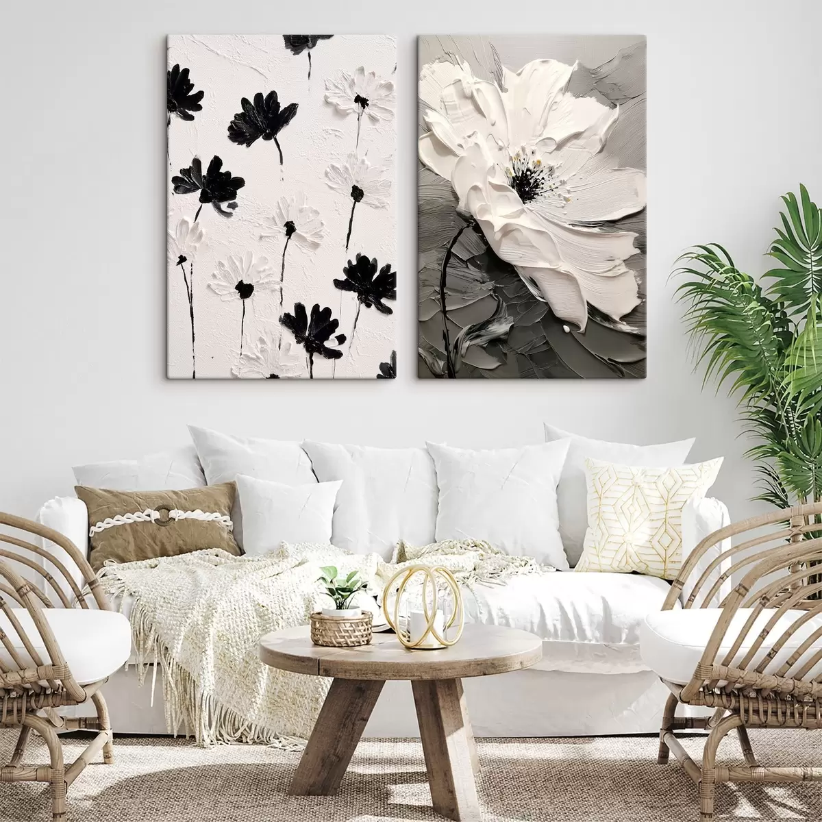Obraz Diptych s bielymi a čiernymi kvetmi v modernom štýle m00571