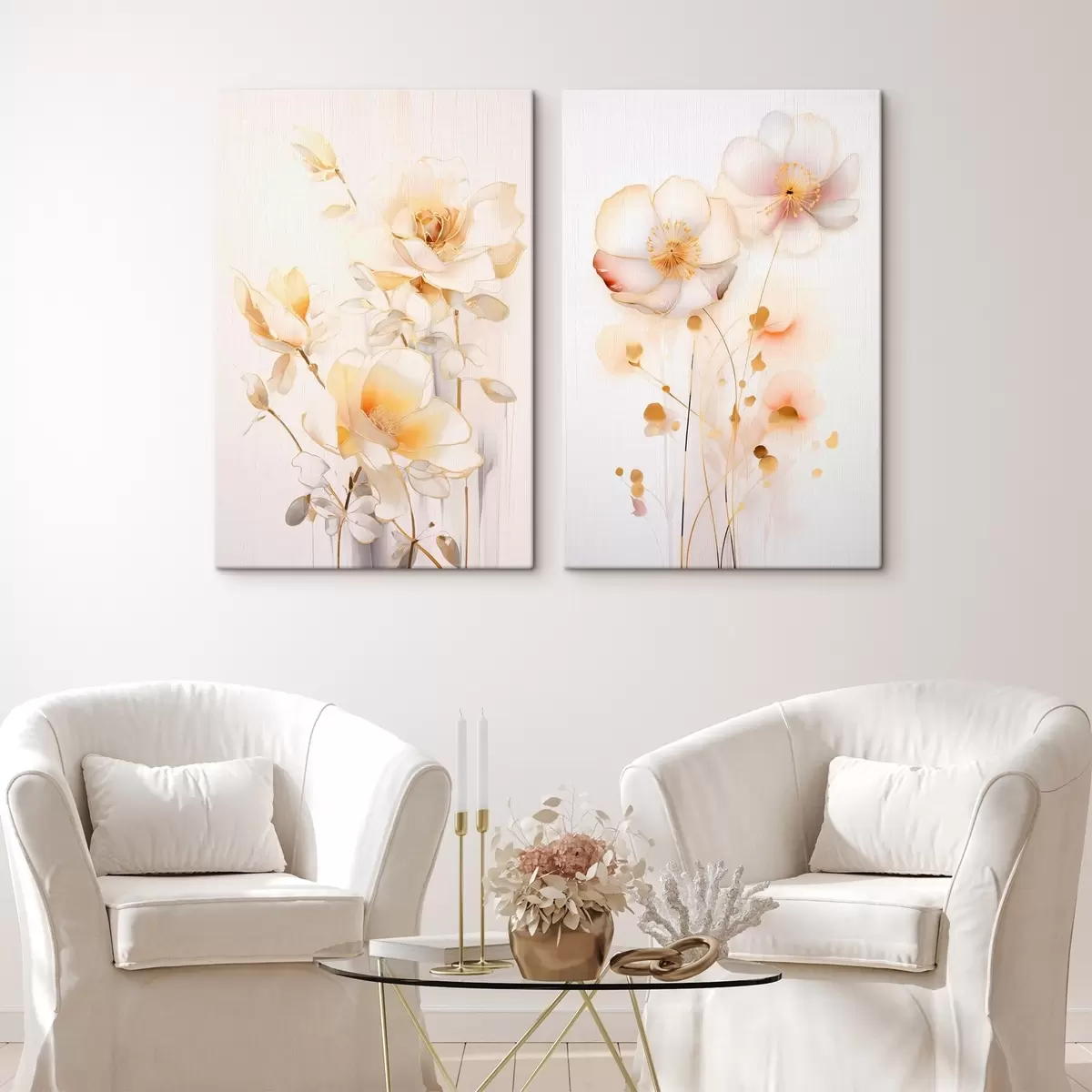 Obraz Kvetinový duet: jemný diptych v akvarelovom štýle s elegantnými líniami m00577