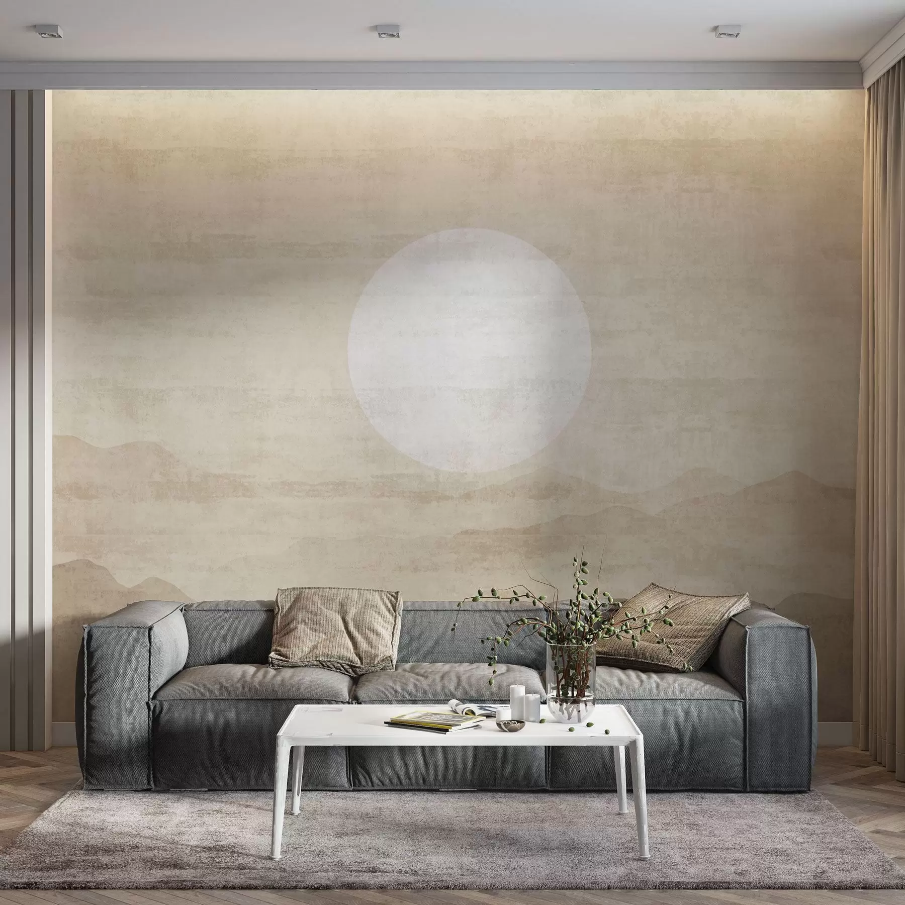 Fototapety Minimalistická horská krajina s veľkým bielym slnkom w04345