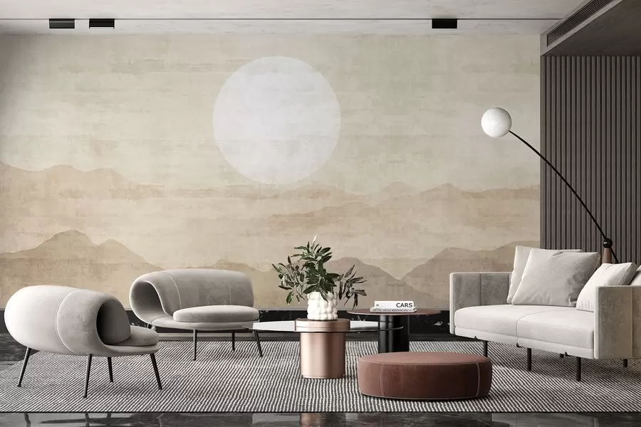 Fototapety Minimalistická horská krajina s veľkým bielym slnkom w04345