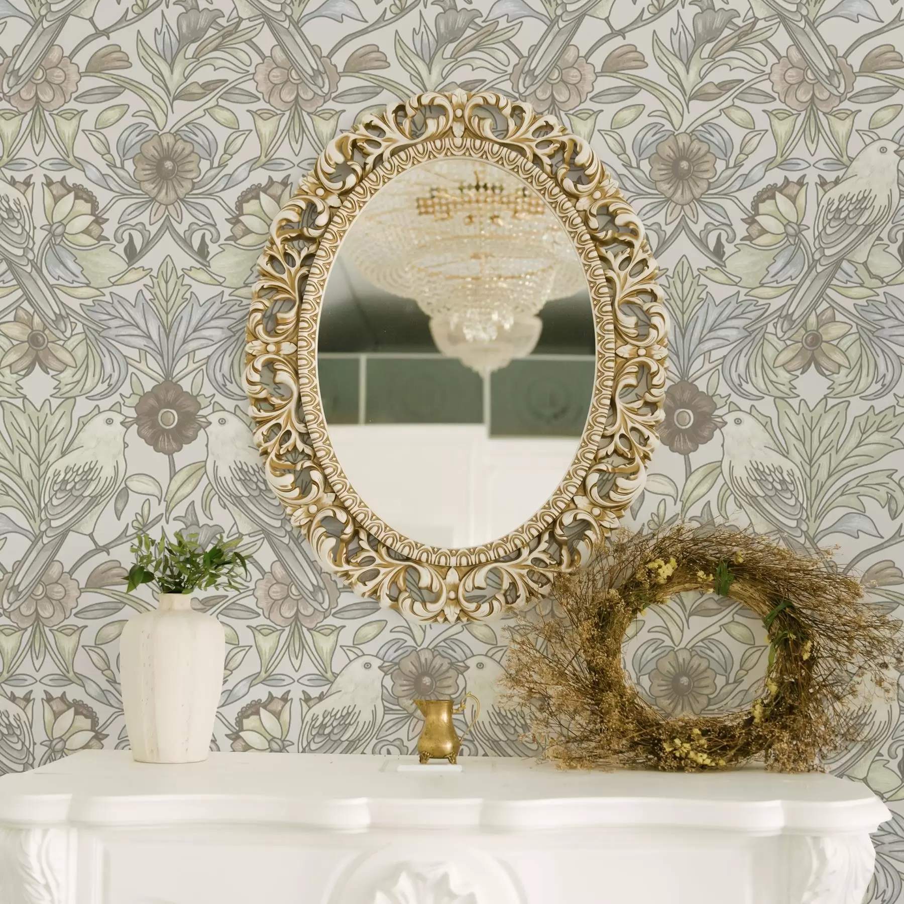 Fototapety Secesné vtáky a pastelové štylizované kvety a00385