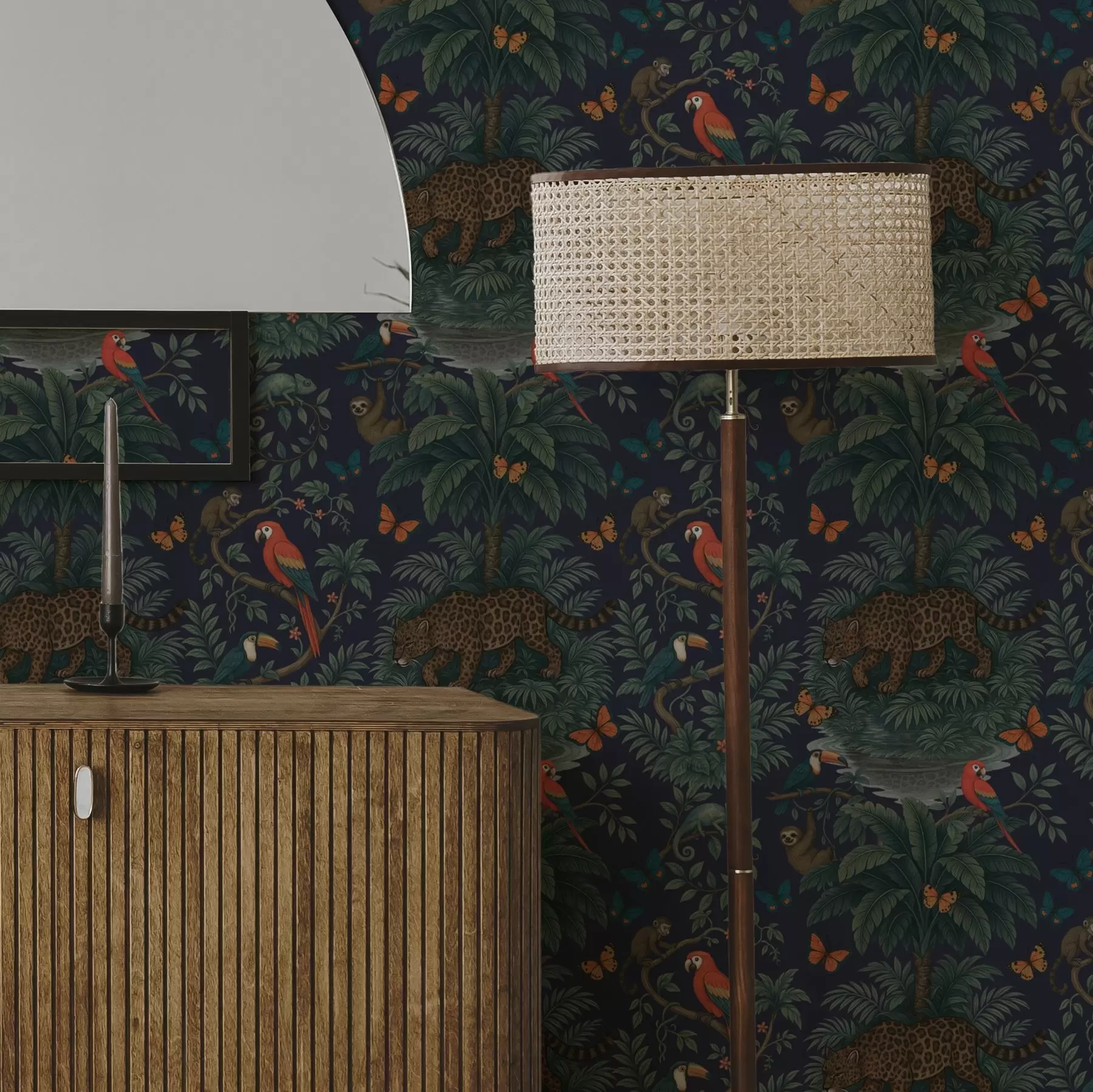 Fototapety Tropická džungľa s leopardom, leopardom, papagájmi a motýľmi a00388