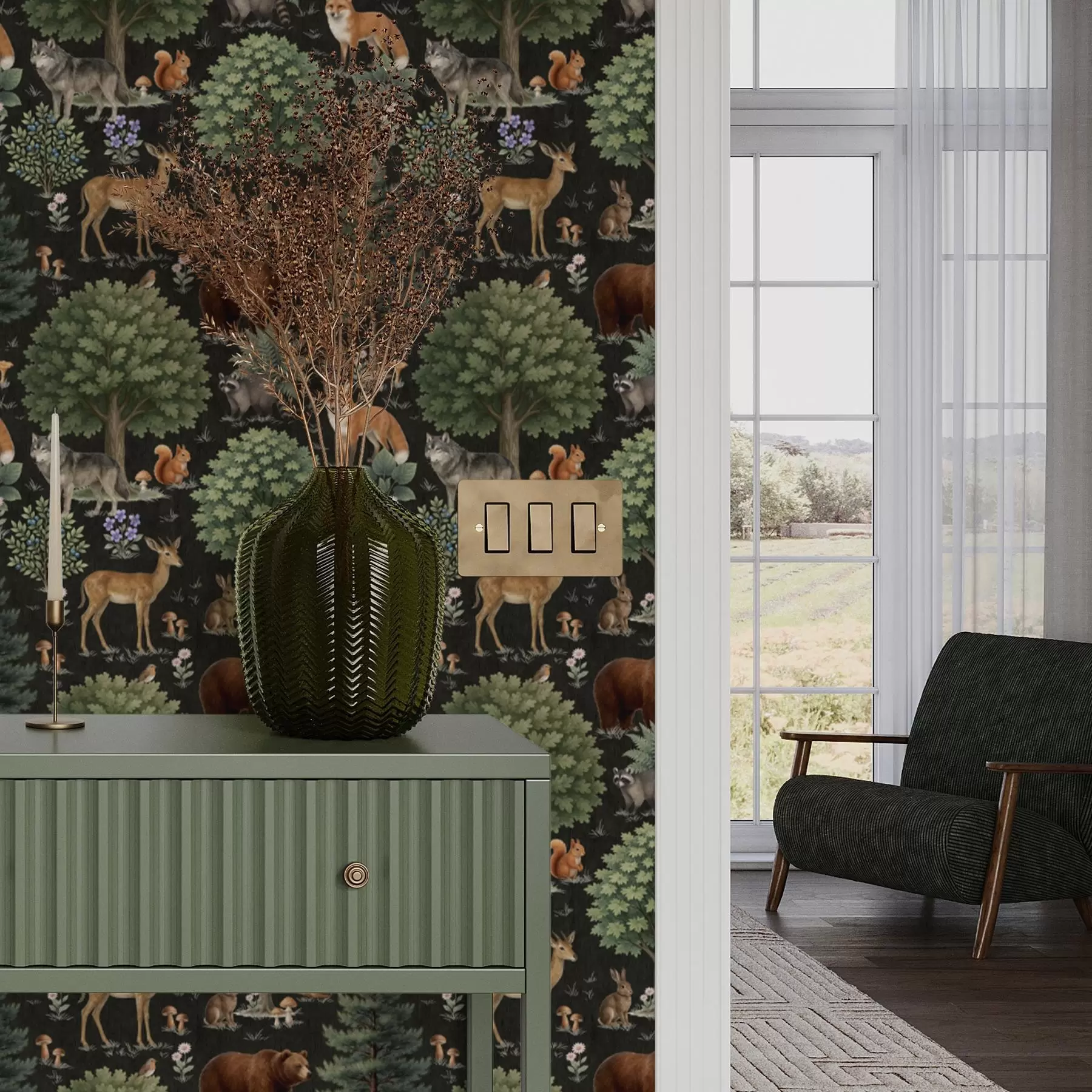 Fototapety Akvarelové lesné zvieratá so stromami a hubami a00391