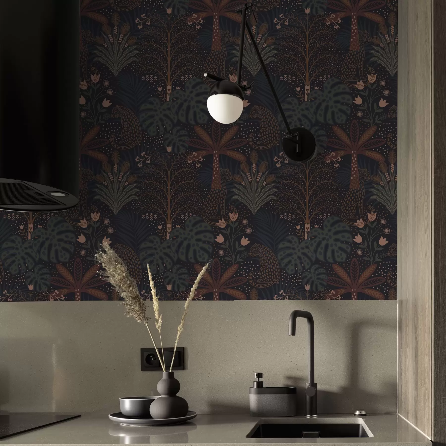 Fototapety Tmavá džungľa s leopardmi palmami a kvetmi a00424