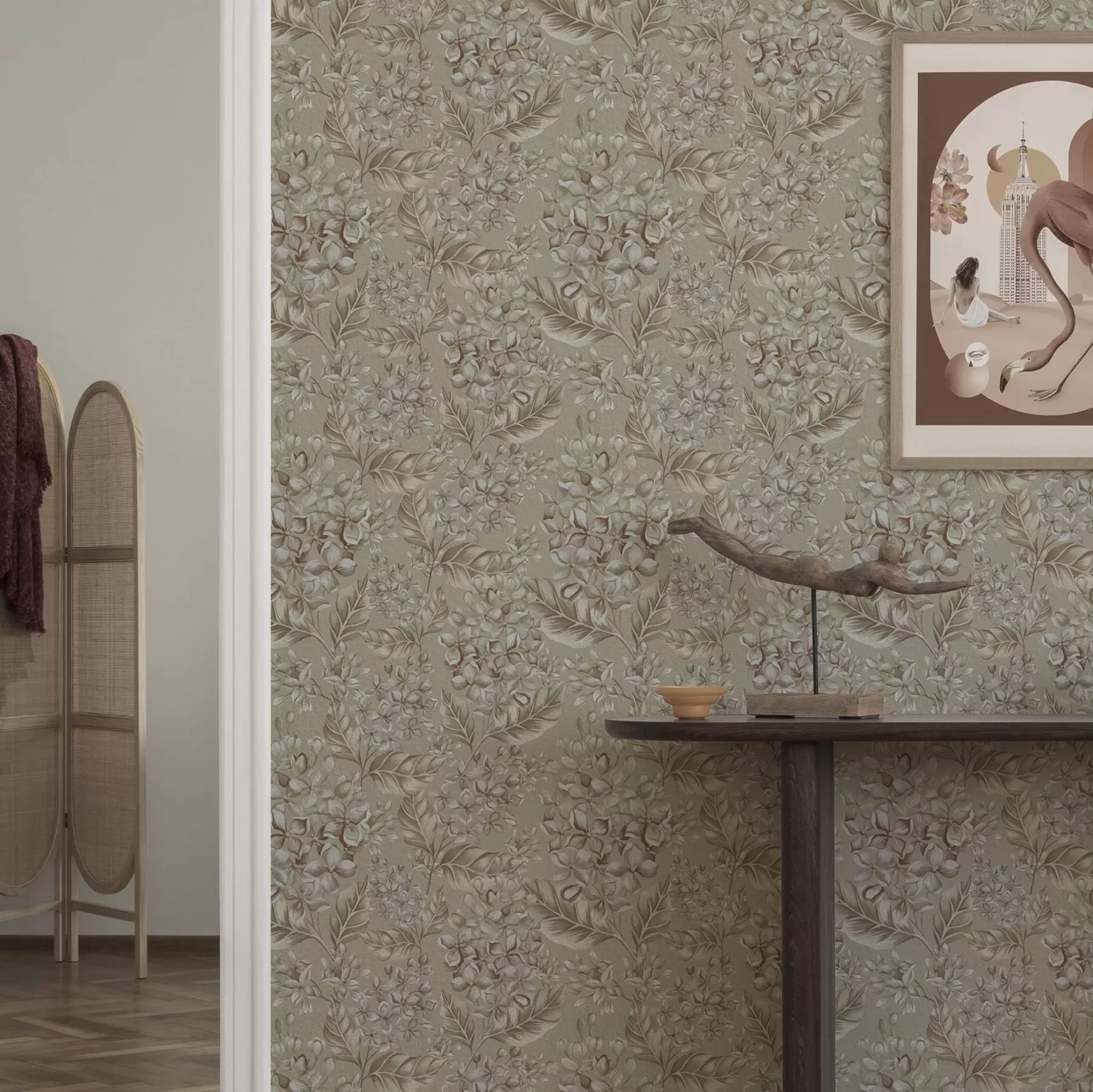 Fototapety Béžové vetvy s bielymi kvetmi v teplých odtieňoch a00441