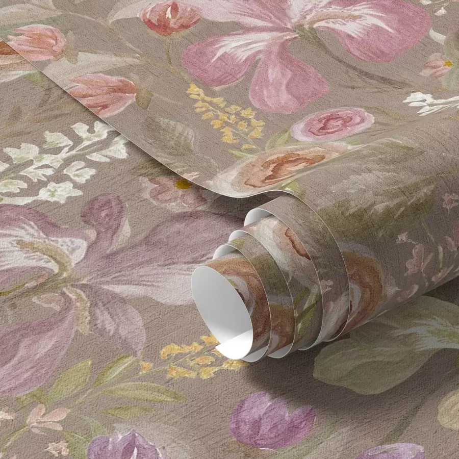 Fototapety Vintage ružový kosatcový kvetinový vzor na béžovom textúrovanom pozadí a00457