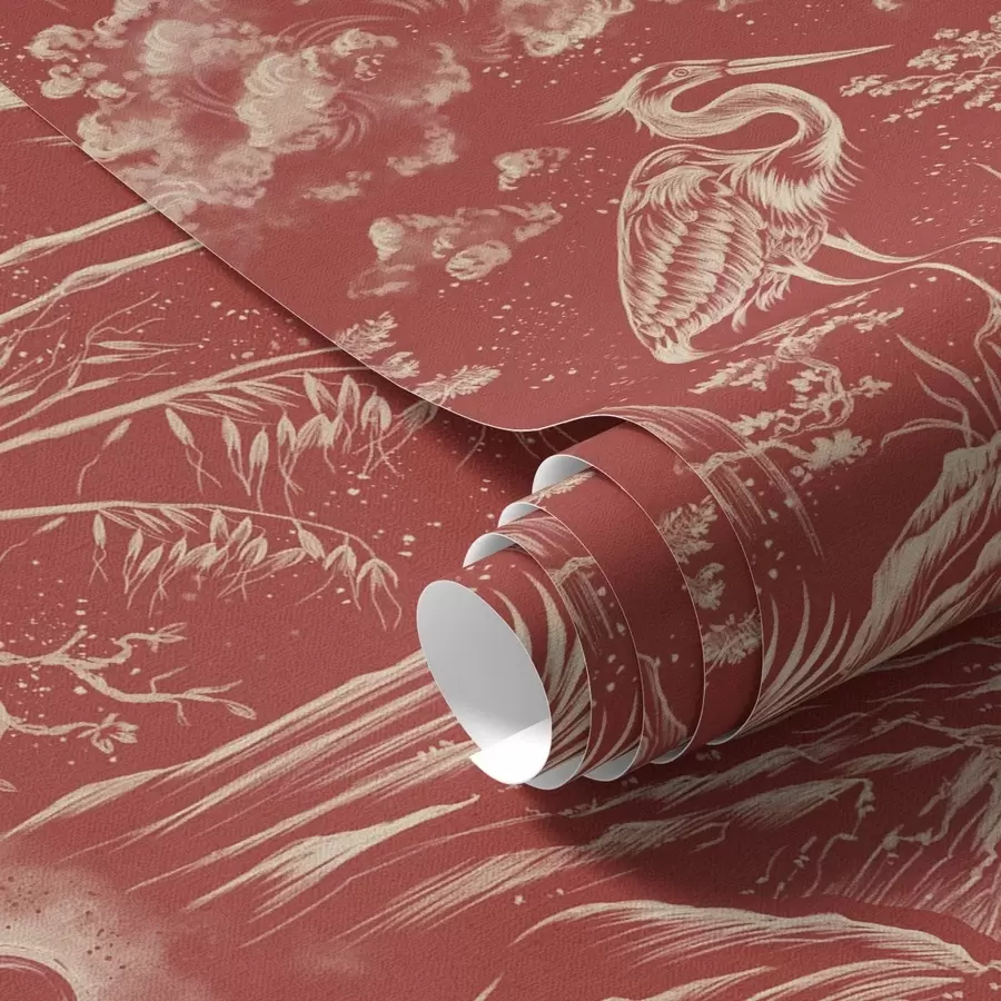 Fototapety Volavky, hory a oblaky v štýle japonskej rytiny a00458