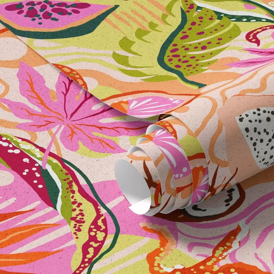 Fototapety Exotické ovocie, listy a chameleóny v tropickom štýle a00469