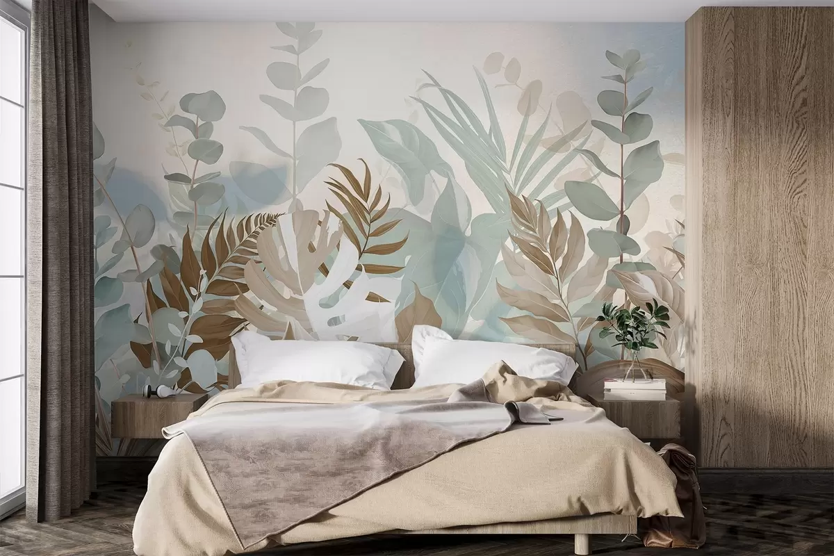 Fototapety Pastelové rastliny paprade, monstera a eukalyptus, ľahké textúrované pozadie, mäkké osvetlenie, pokojné , botanické ilustrácie w09316v1