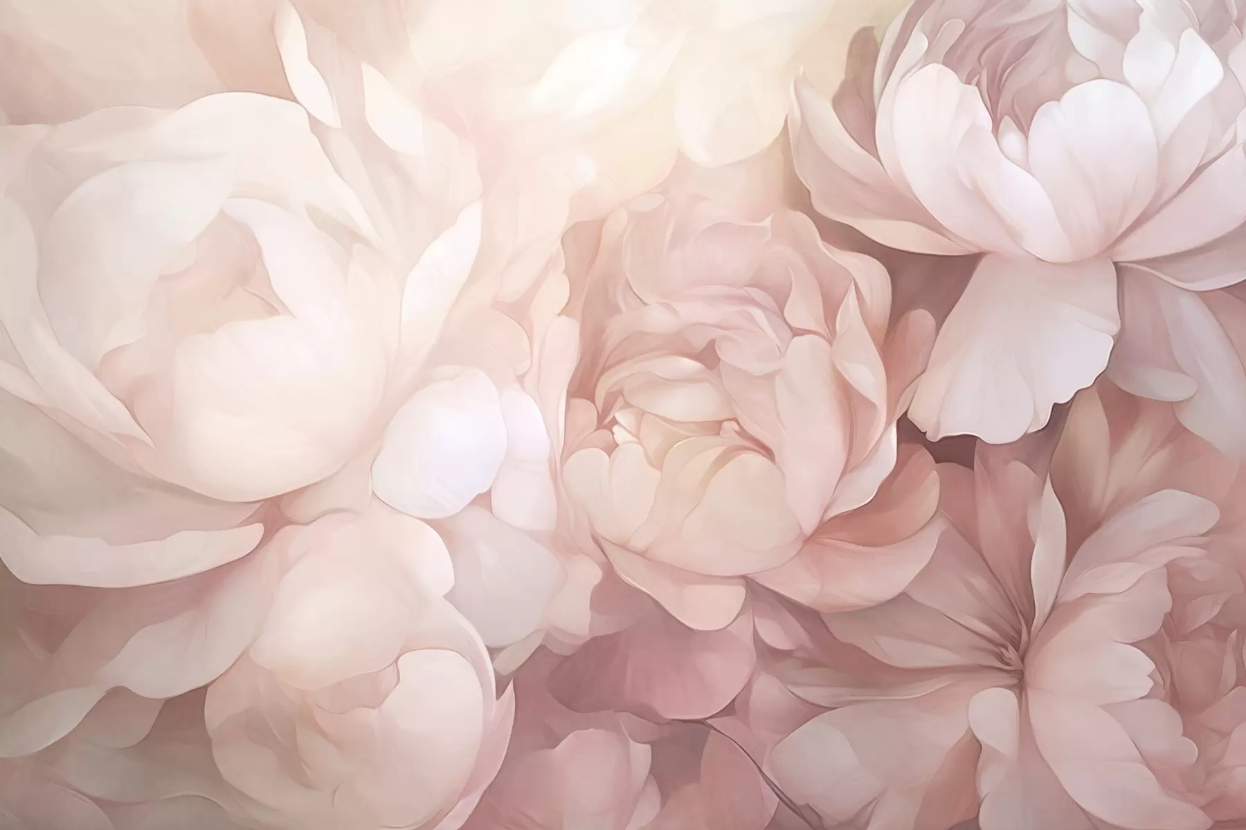 Fototapety Svetlé pastelovo ružové pivonky s jemnými, štruktúrovanými okvetnými lístkami, usporiadané tesne vedľa seba, vytvárajúce husté kvetinové umenie, mäkké osvetlenie w09319