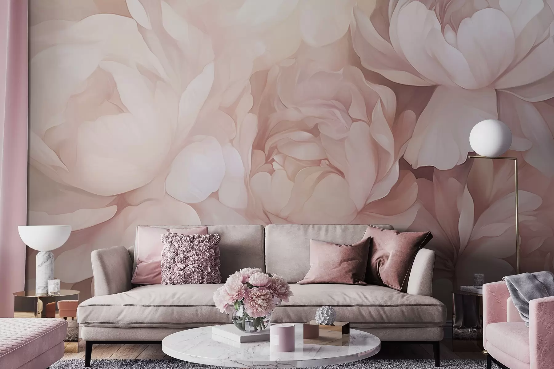 Fototapety Svetlé pastelovo ružové pivonky s jemnými, štruktúrovanými okvetnými lístkami, usporiadané tesne vedľa seba, vytvárajúce husté kvetinové umenie, mäkké osvetlenie w09319