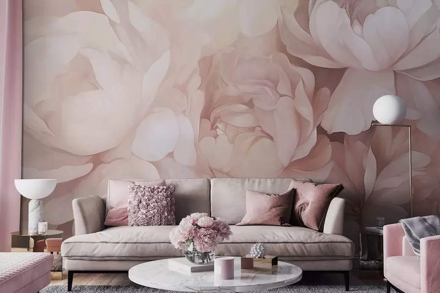 Fototapety Svetlé pastelovo ružové pivonky s jemnými, štruktúrovanými okvetnými lístkami, usporiadané tesne vedľa seba, vytvárajúce husté kvetinové umenie, mäkké osvetlenie w09319