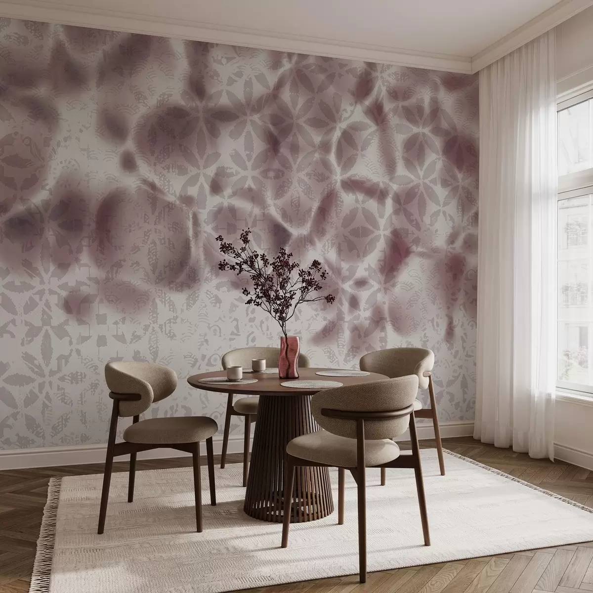 Fototapety Abstraktné textúrované umenie s bordovou kvetinovou potlačou, vyblednutým a rozmazaným efektom, ktoré vytvára jemnú a zasnenú atmosféru w09322v1 - Uwalls.sk Fototapety Abstraktné textúrované umenie s bordovou kvetinovou potlačou, vyblednutým a rozmazaným efektom, ktoré vytvára jemnú a zasnenú atmosféru w09322v1