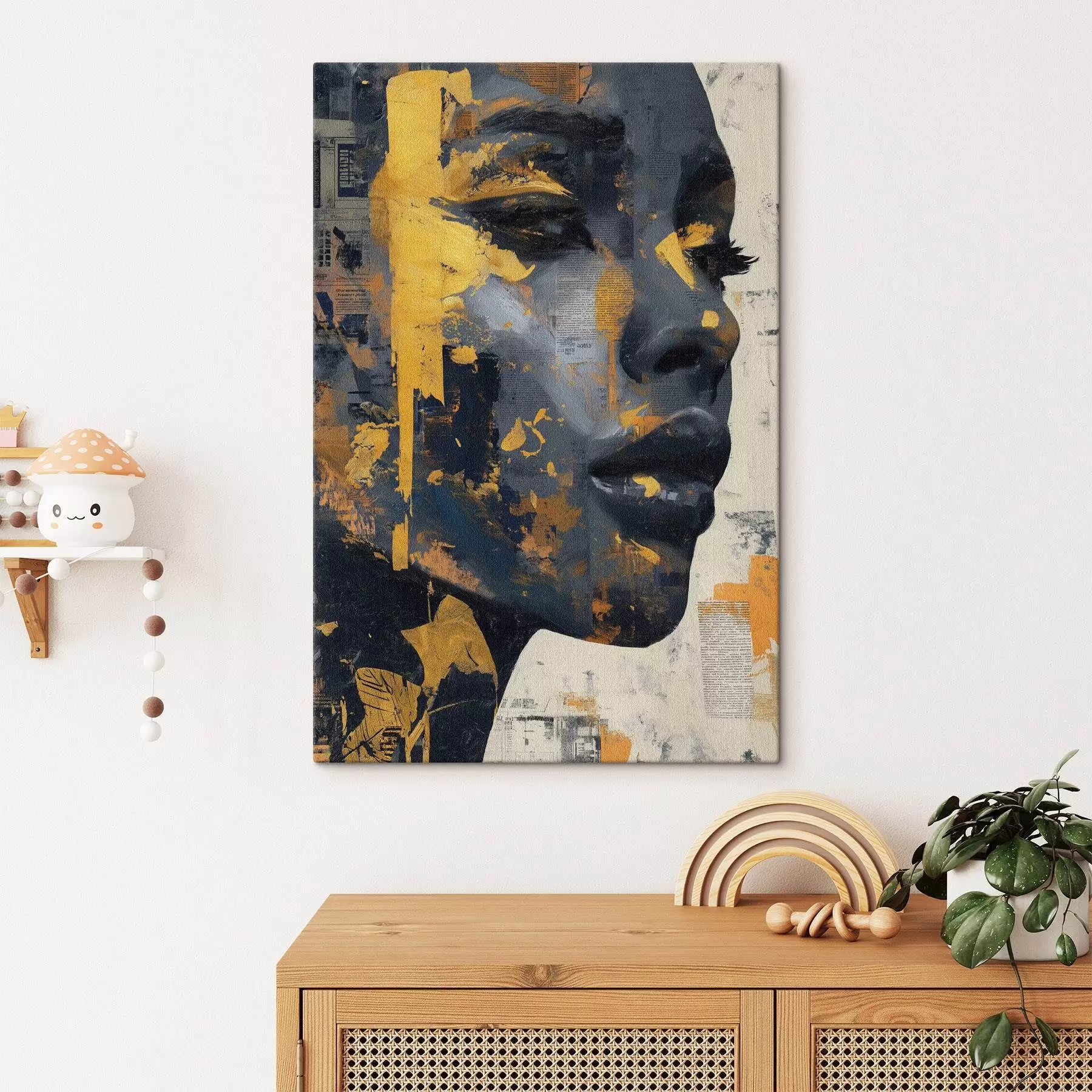 Obraz Portrét v zmiešaných médiách s fragmentmi novín a dekoratívnymi ťahmi štetca s45420