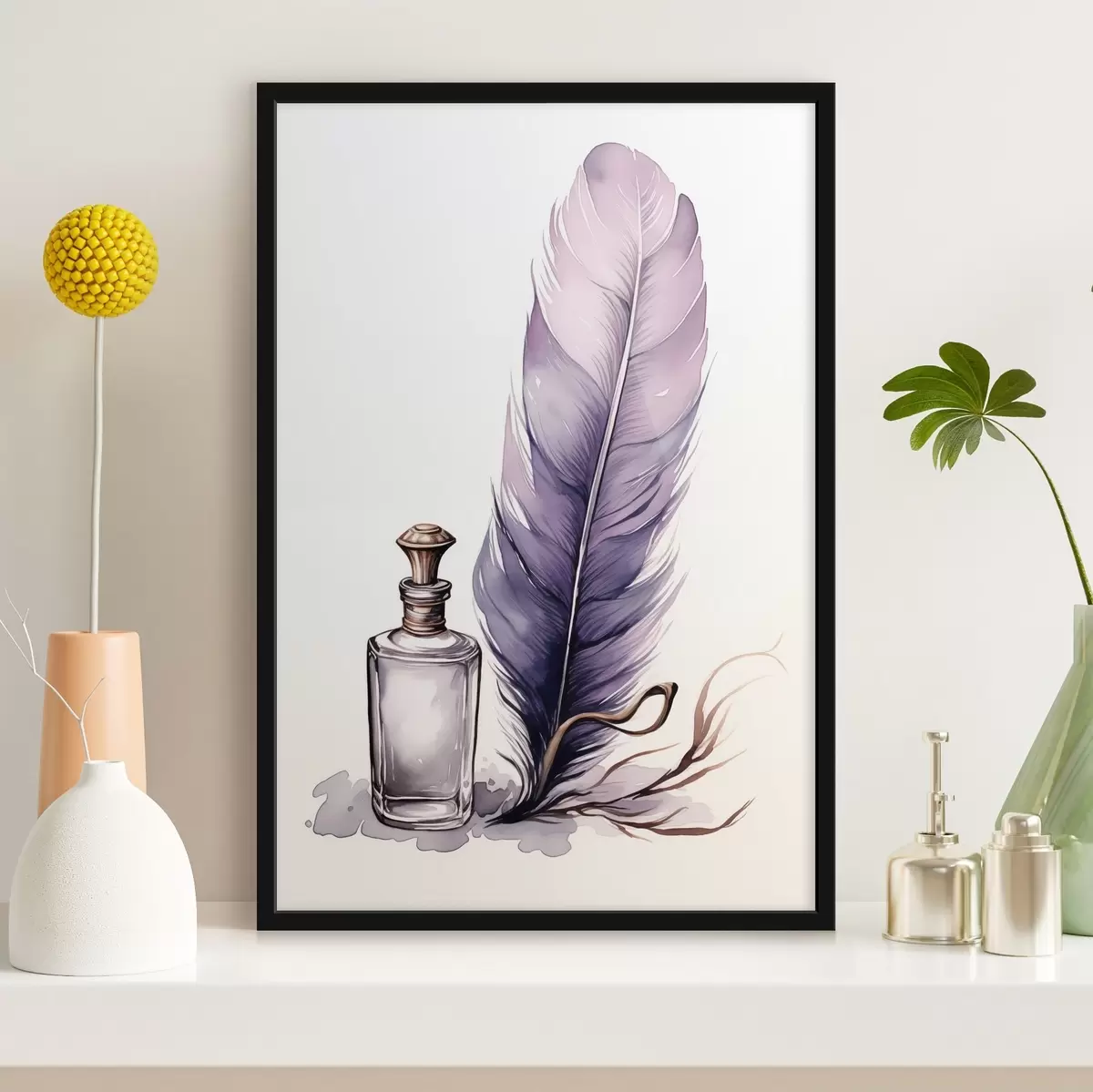 Plagáty Akvarelová ilustrácia pierka a sklenenej fľaše s atramentom f45410