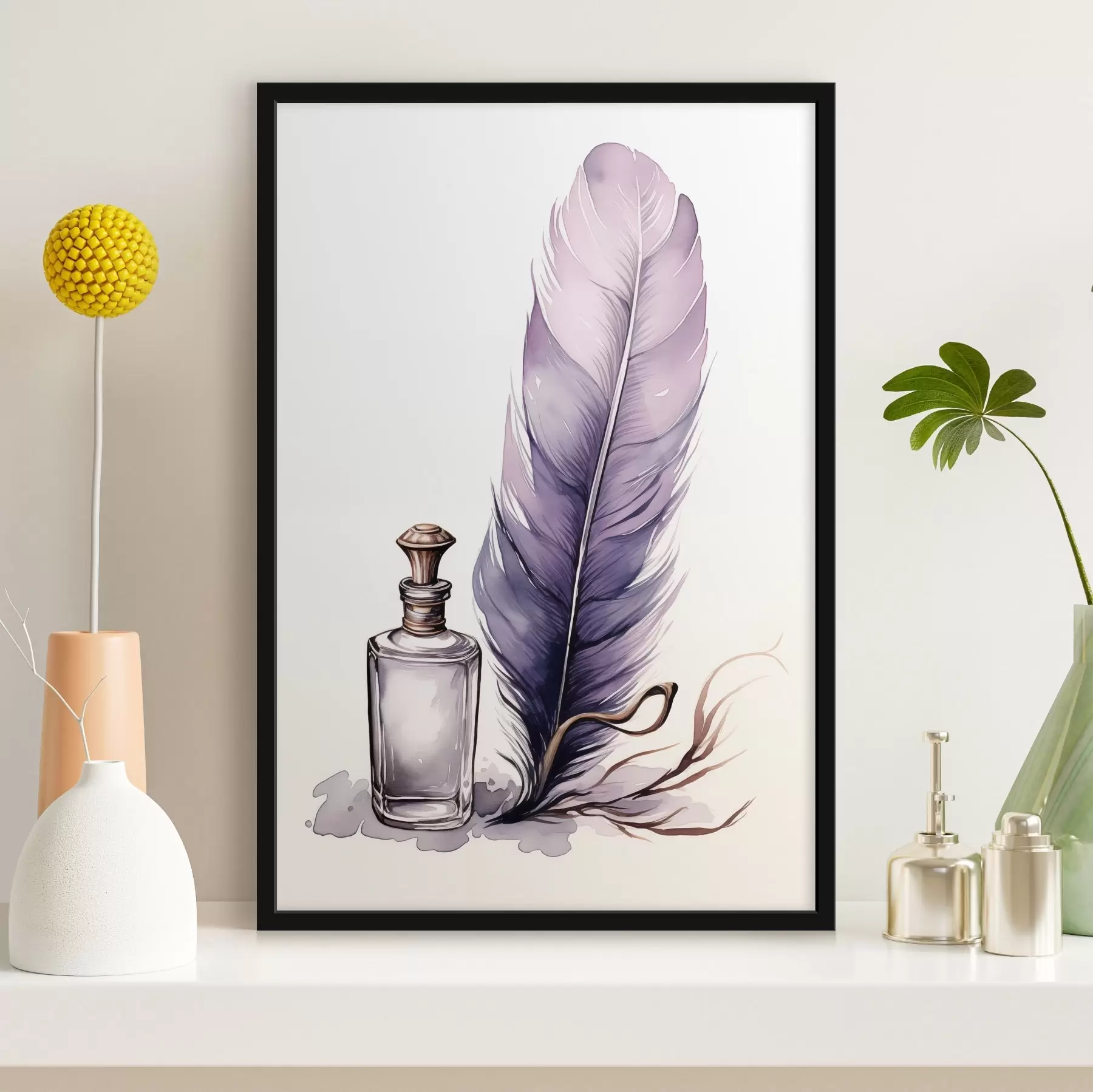 Fototapety Akvarelová ilustrácia pierka a sklenenej fľaše s atramentom f45410