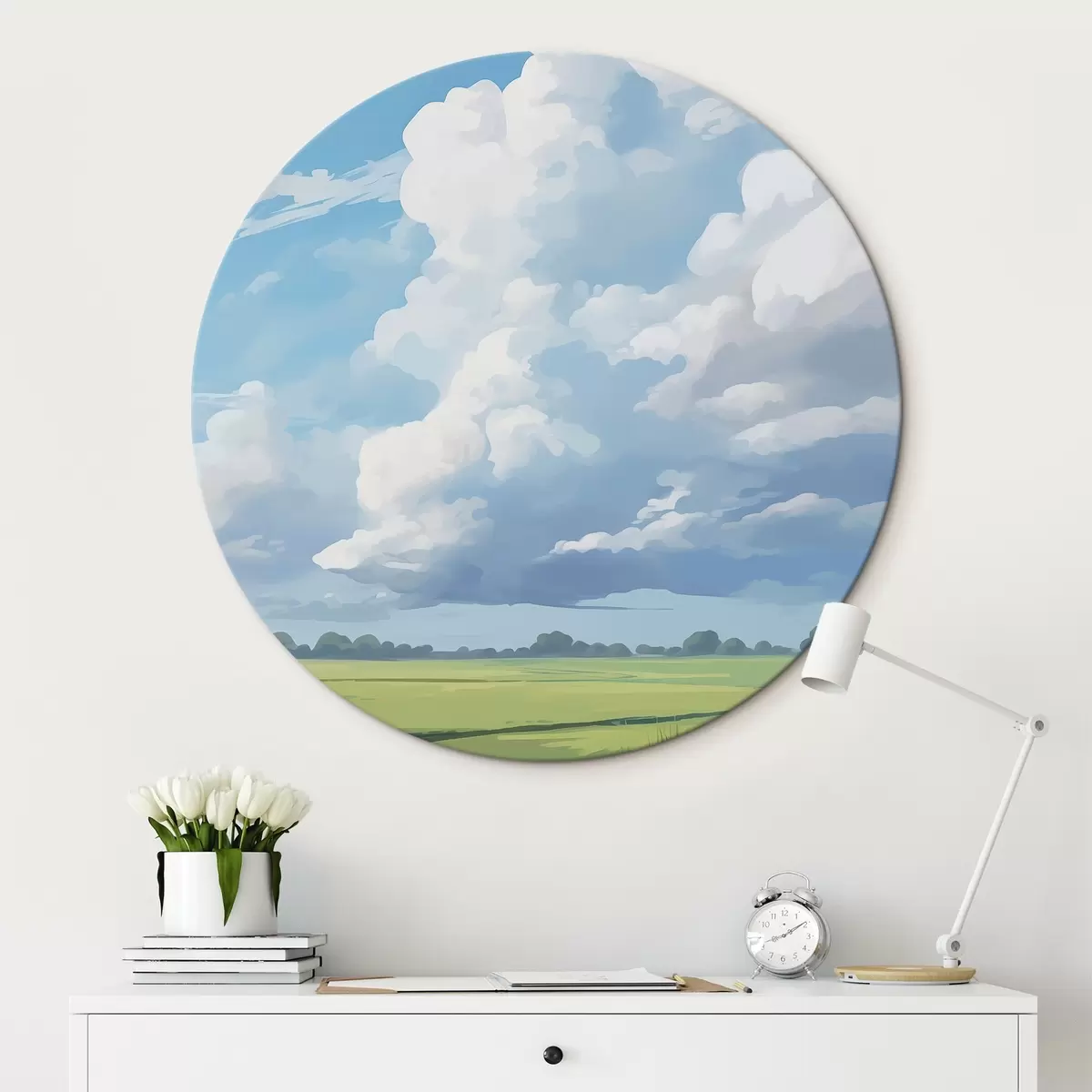 Okrúhle obrazy Pole na pozadí oblohy s obrovskými mrakmi r45453