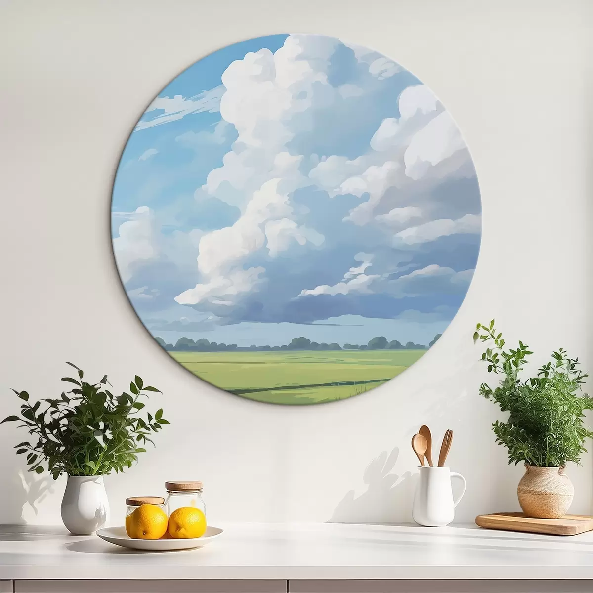 Okrúhle obrazy Pole na pozadí oblohy s obrovskými mrakmi r45453