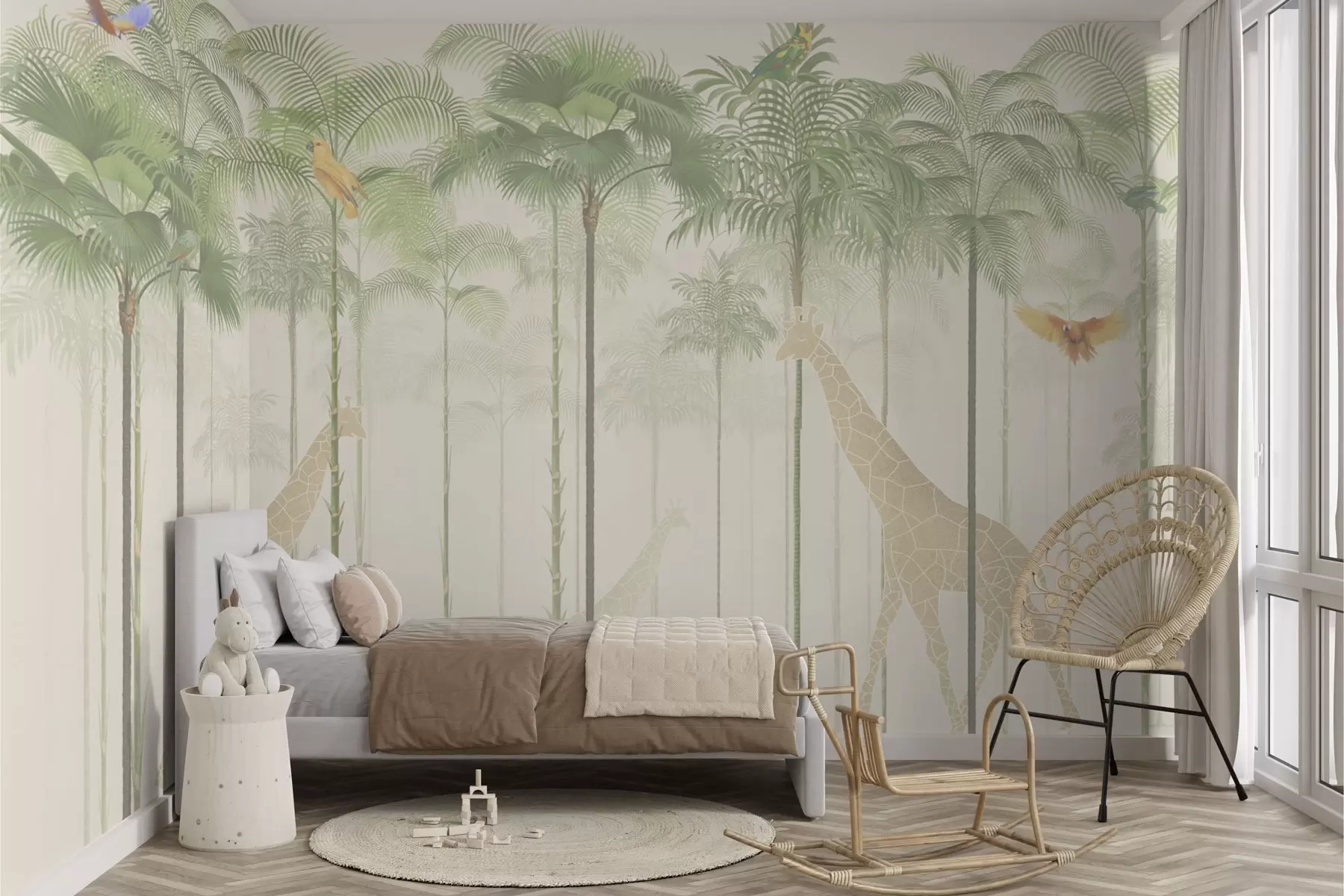 Fototapety Žirafy a tropické vtáky medzi vysokými palmami w04400