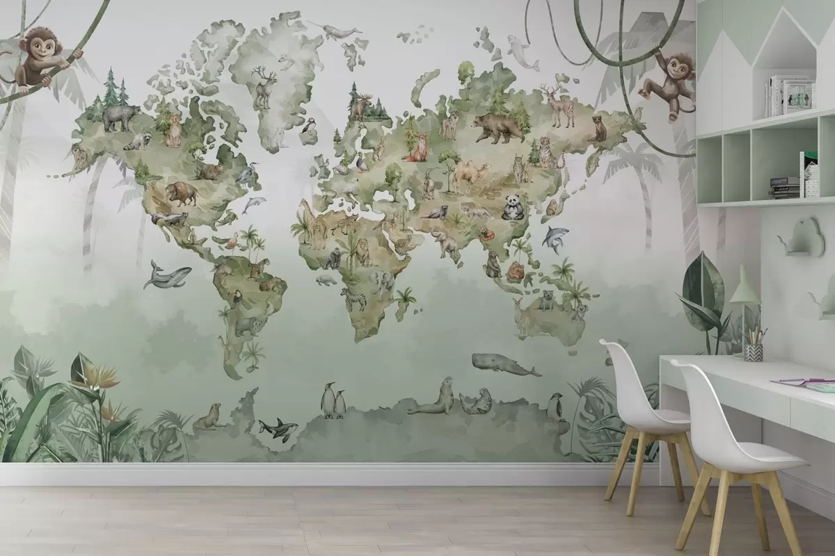 Fototapety Akvarelová mapa sveta so zvieratami w04418