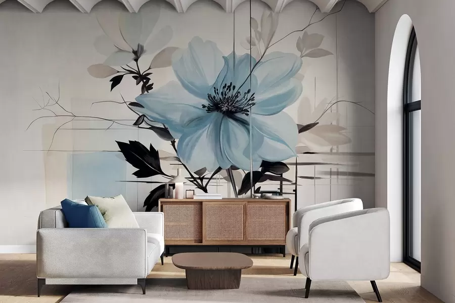Fototapety Abstraktný textúrovaný modrý kvet s tmavými listami a konármi, geometrické minimalistické tvary a línie v tlmených farbách w09332