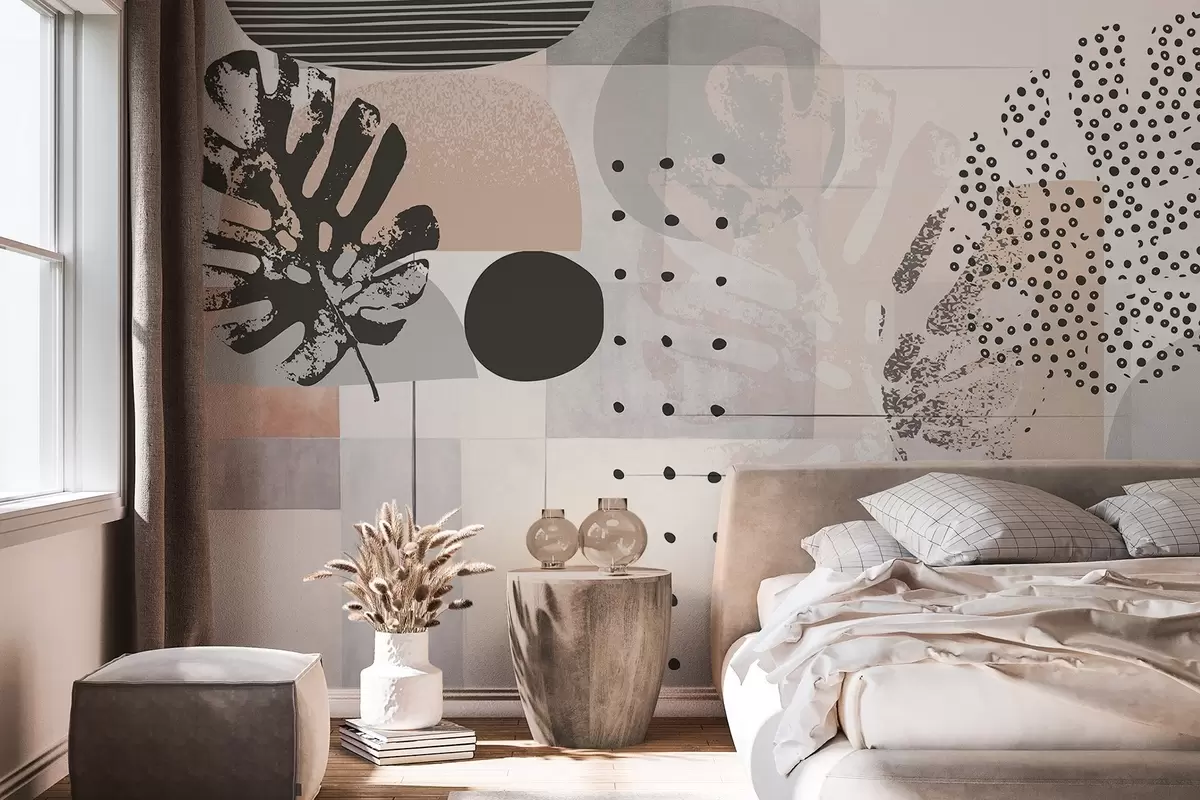 Fototapety Abstraktná potlač s geometrickými tvarmi a tropickými listami monstery, kruhmi, bodkami a čiarami, moderný a minimalistický dizajn w09333