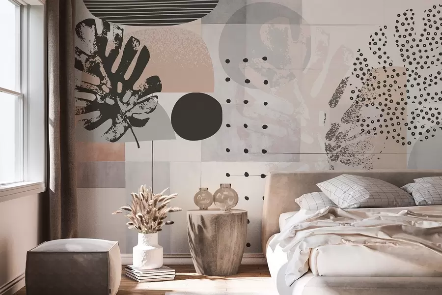Fototapety Abstraktná potlač s geometrickými tvarmi a tropickými listami monstery, kruhmi, bodkami a čiarami, moderný a minimalistický dizajn w09333