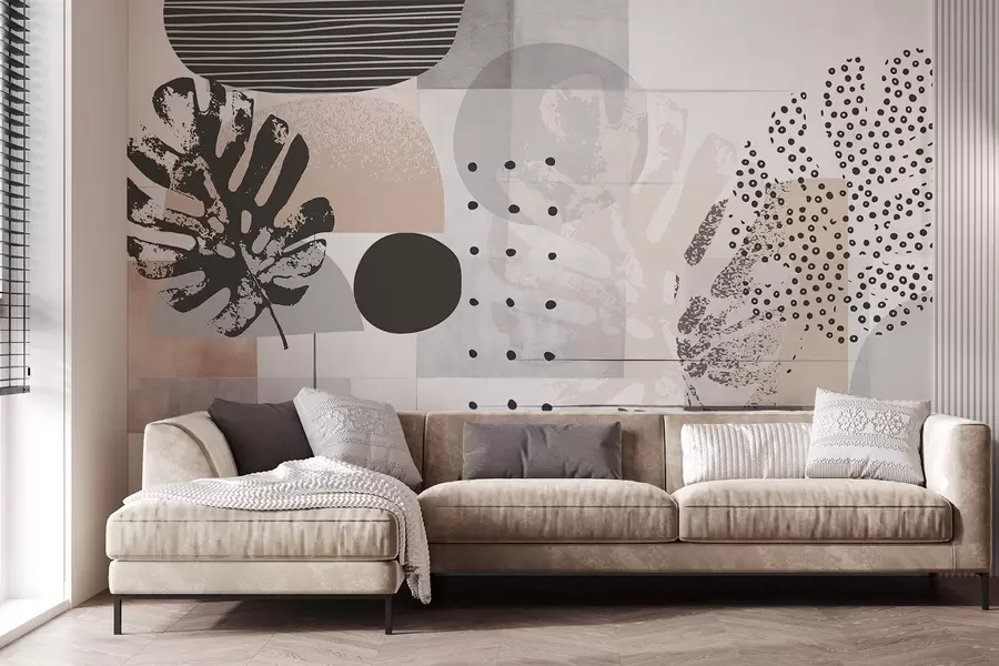 Fototapety Abstraktná potlač s geometrickými tvarmi a tropickými listami monstery, kruhmi, bodkami a čiarami, moderný a minimalistický dizajn w09333