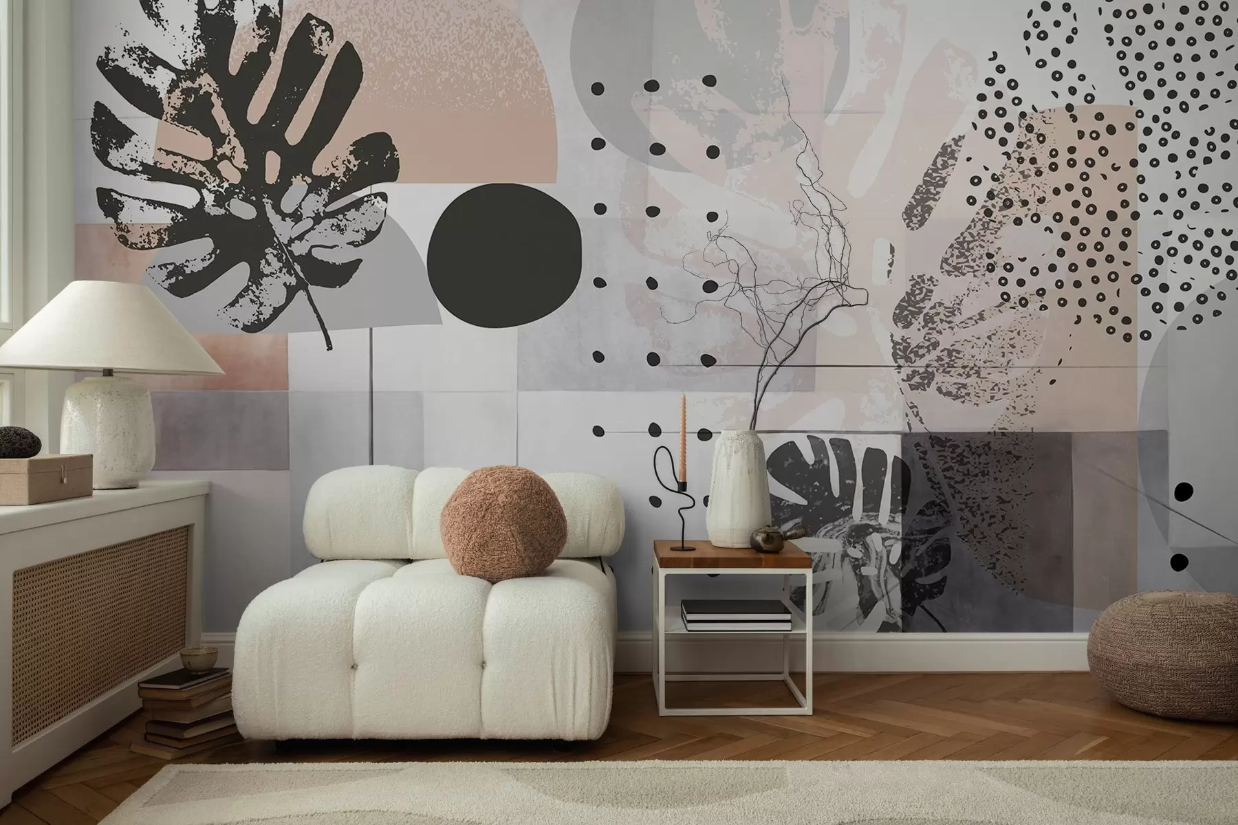 Fototapety Abstraktná potlač s geometrickými tvarmi a tropickými listami monstery, kruhmi, bodkami a čiarami, moderný a minimalistický dizajn w09333