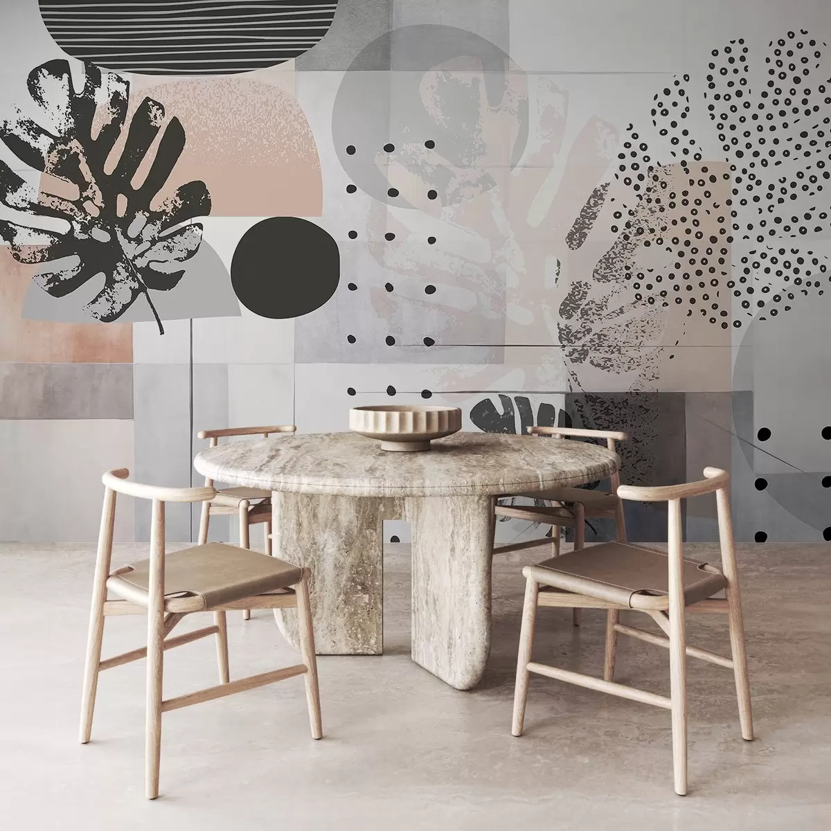 Fototapety Abstraktná potlač s geometrickými tvarmi a tropickými listami monstery, kruhmi, bodkami a čiarami, moderný a minimalistický dizajn w09333