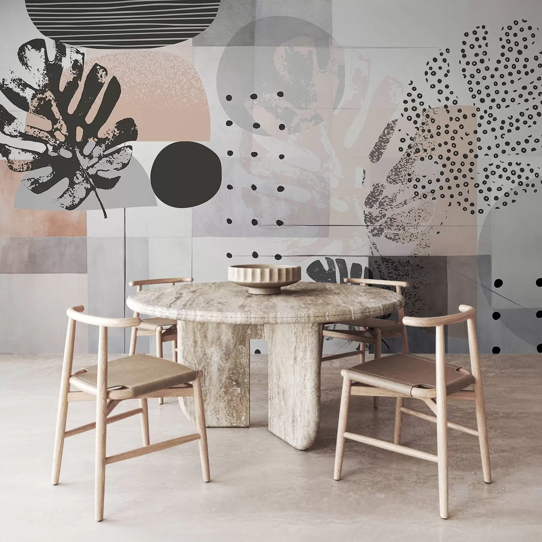 Fototapety Abstraktná potlač s geometrickými tvarmi a tropickými listami monstery, kruhmi, bodkami a čiarami, moderný a minimalistický dizajn w09333