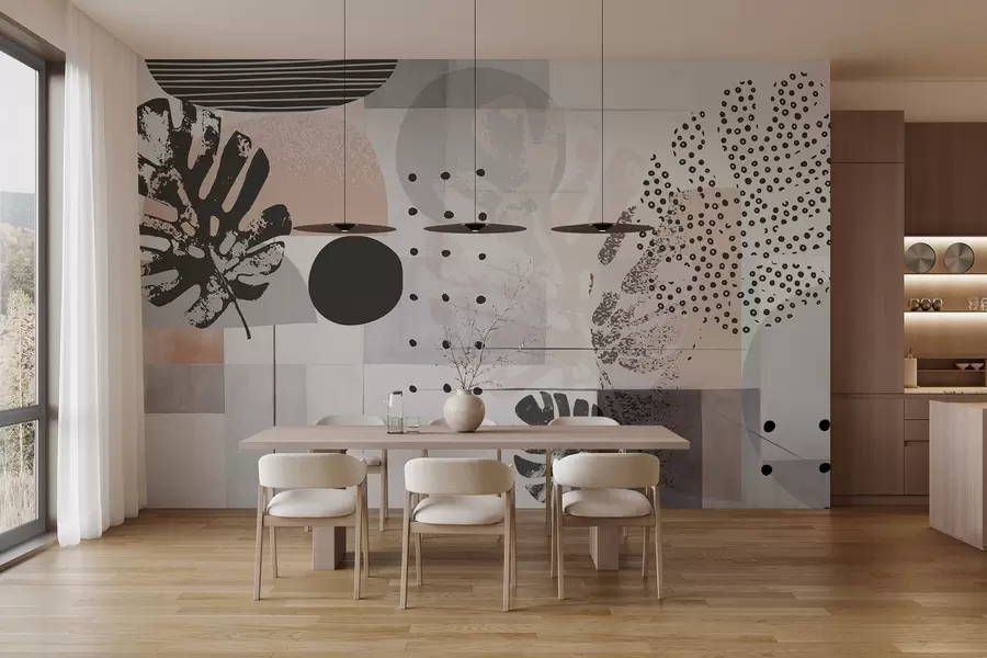 Fototapety Abstraktná potlač s geometrickými tvarmi a tropickými listami monstery, kruhmi, bodkami a čiarami, moderný a minimalistický dizajn w09333