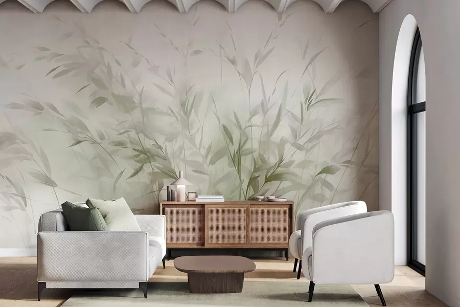 Fototapety Tráva a burina s tenkými listami a stonkami, svetlozelené a hnedé farby, mäkké a jemné ťahy štetcom, minimalistická tlač w09342