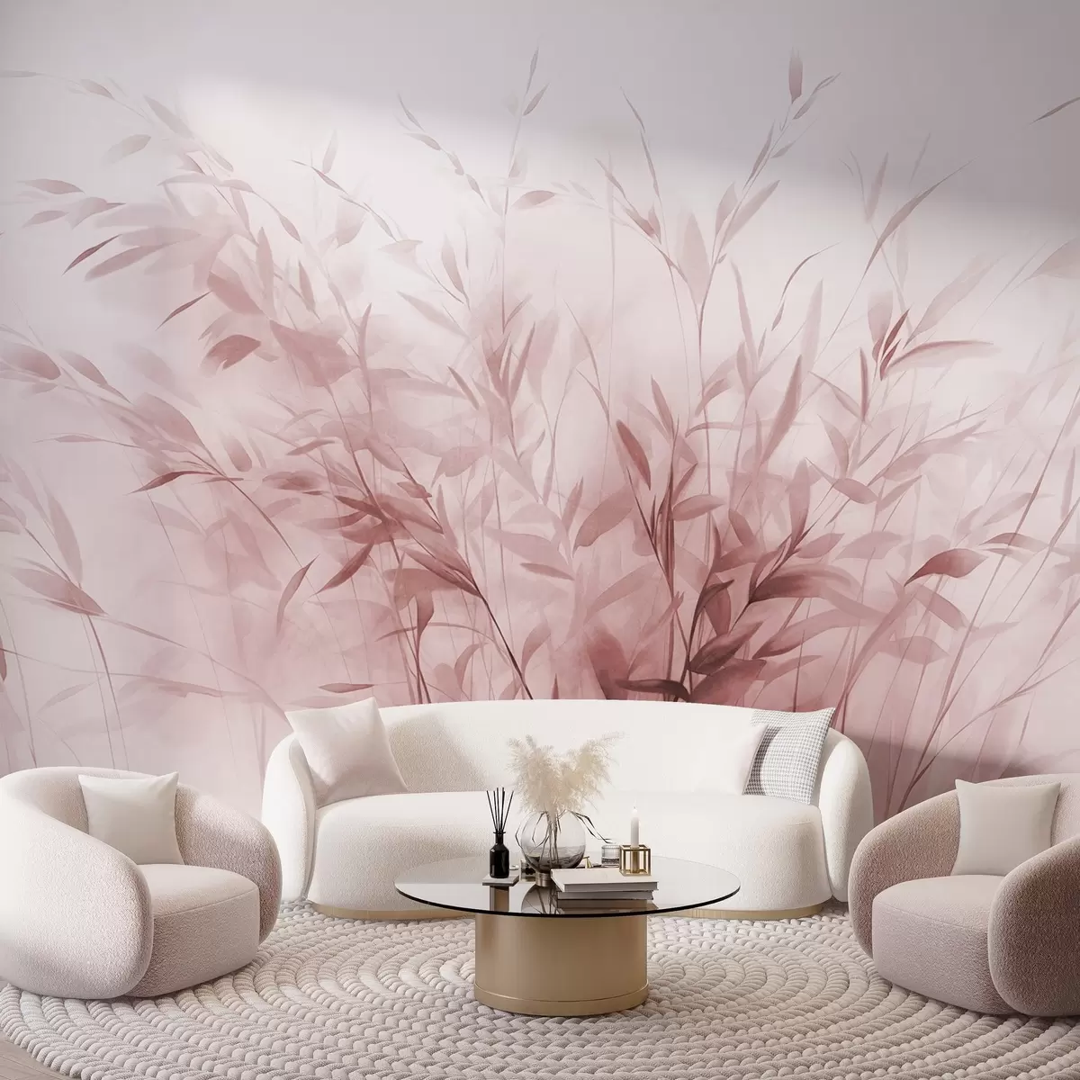 Fototapety Tráva a burina s tenkými listami a stonkami, svetloružové farby, mäkké a jemné ťahy štetcom, minimalistická tlač w09342v2