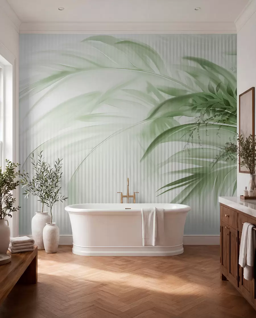 Fototapety Palmové tropické zelené listy s bielym pruhovaným pozadím, mäkké osvetlenie, jemné ťahy štetcom, organické formy w09343