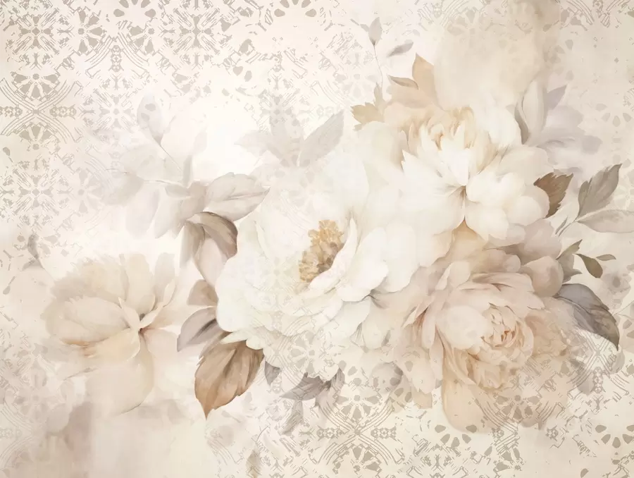 Fototapety Kvetinový aranžmán z bielych pivoniek s béžovými listami na dekoratívnom pozadí s vintage textúrou w09345