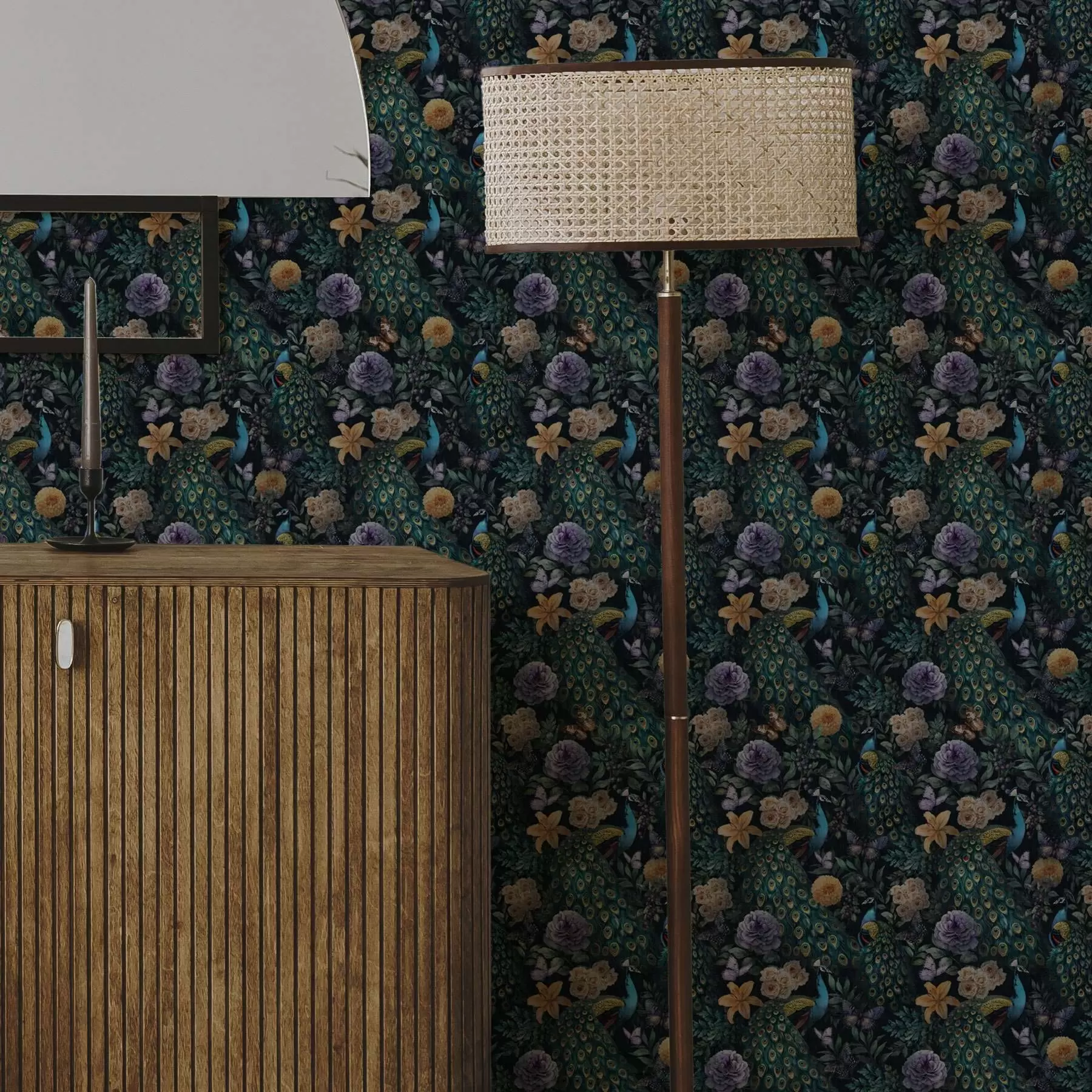 Fototapety Pávy medzi tmavými kvetmi a motýľmi a00348