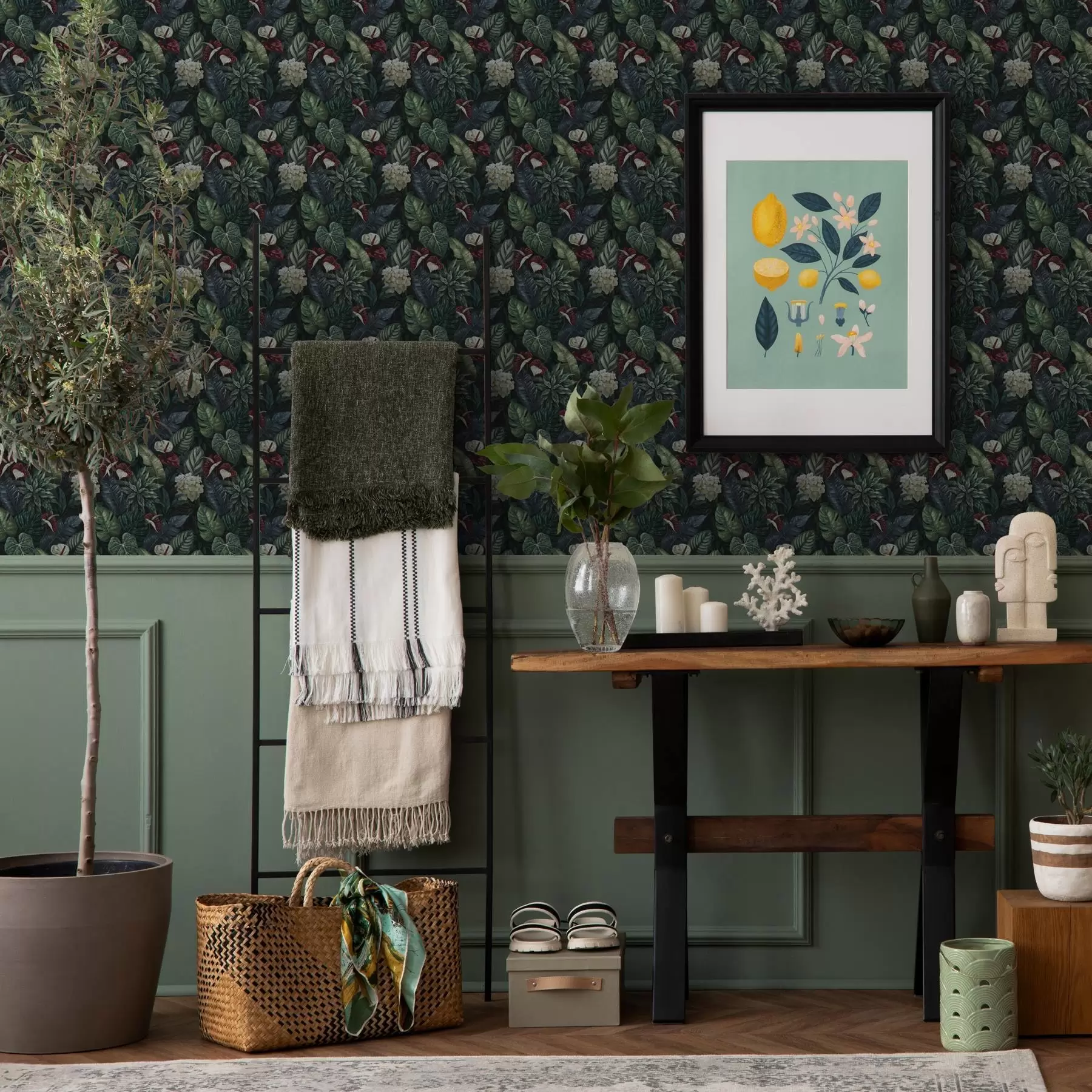 Fototapety Tropické listy s bielymi a červenými kvetmi a00361