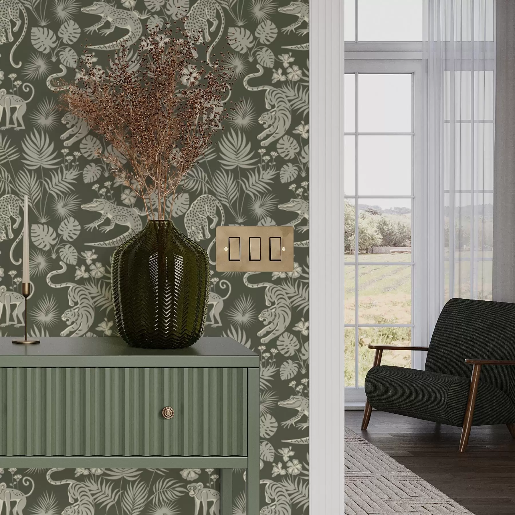 Fototapety Siluety divokých zvierat medzi tropickými listami a00404