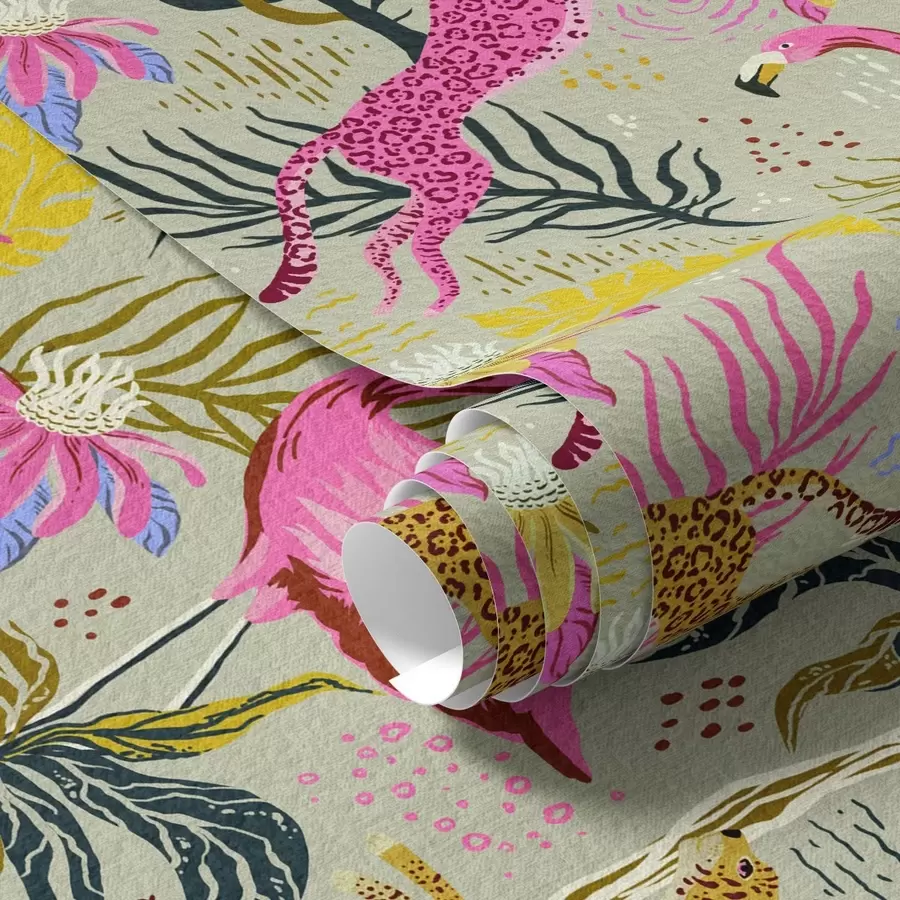 Fototapety Žiarivé plameniaky a leopardy medzi tropickými rastlinami a00470