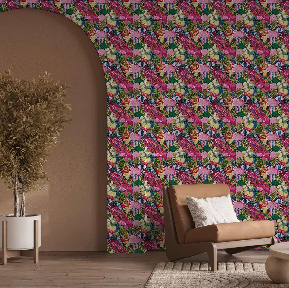 Tapety Abstraktný pop-art s kvetmi, bobuľami a vzormi a00471