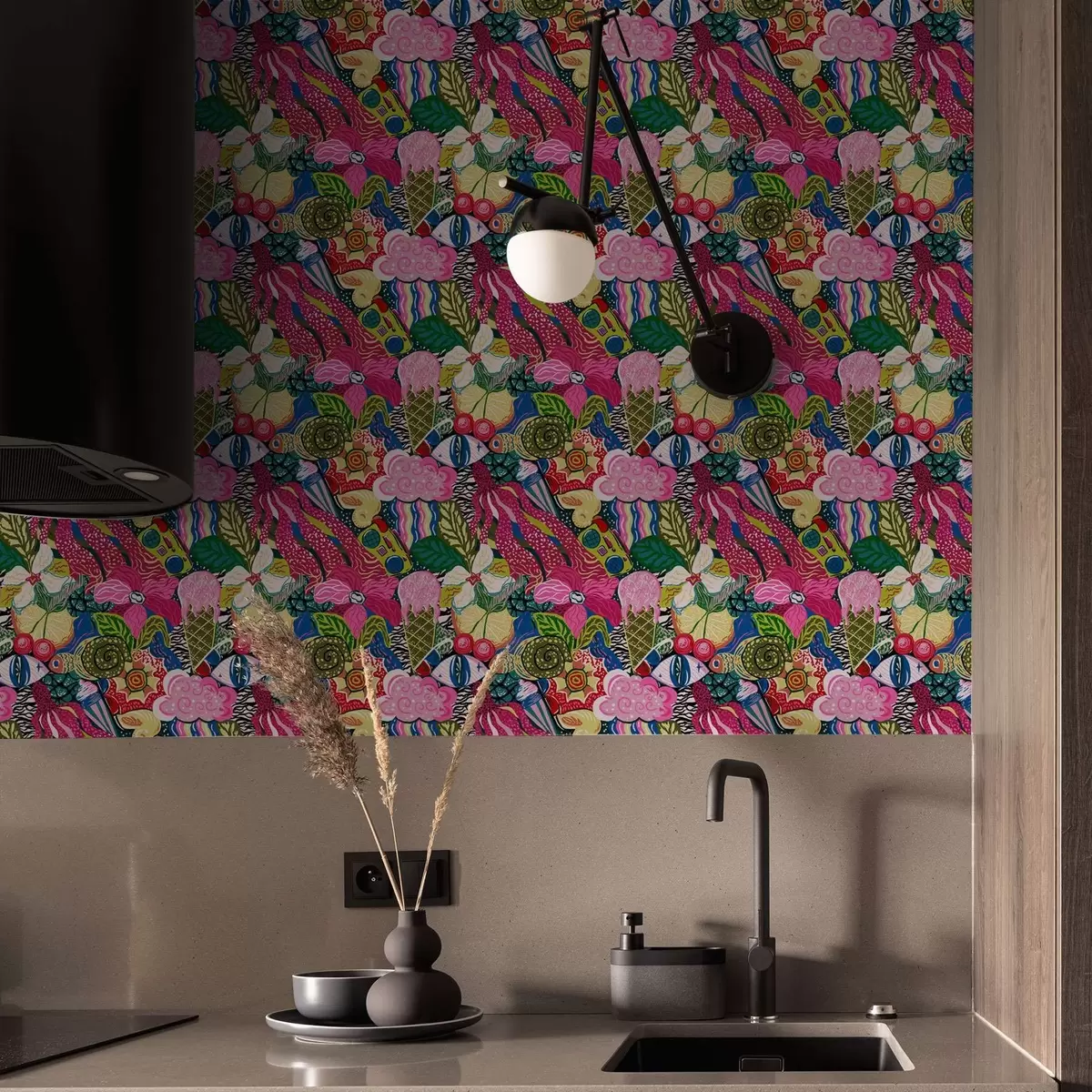Tapety Abstraktný pop-art s kvetmi, bobuľami a vzormi a00471