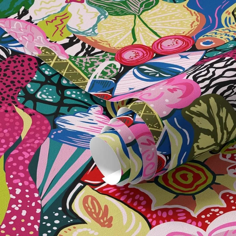 Fototapety Abstraktný pop-art s kvetmi, bobuľami a vzormi a00471