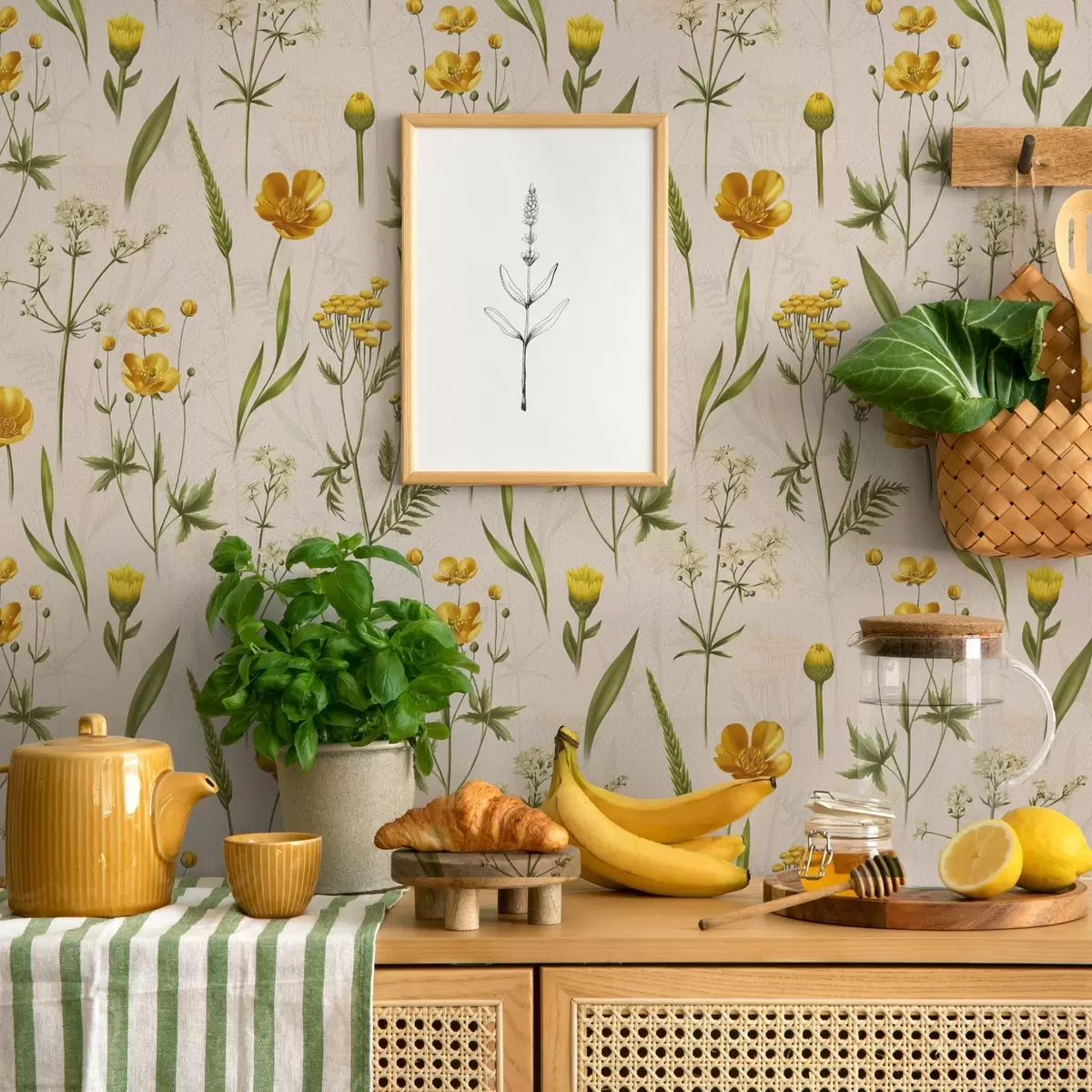 Tapety Žlté kvety a zeleň na béžovom pozadí a00472v2