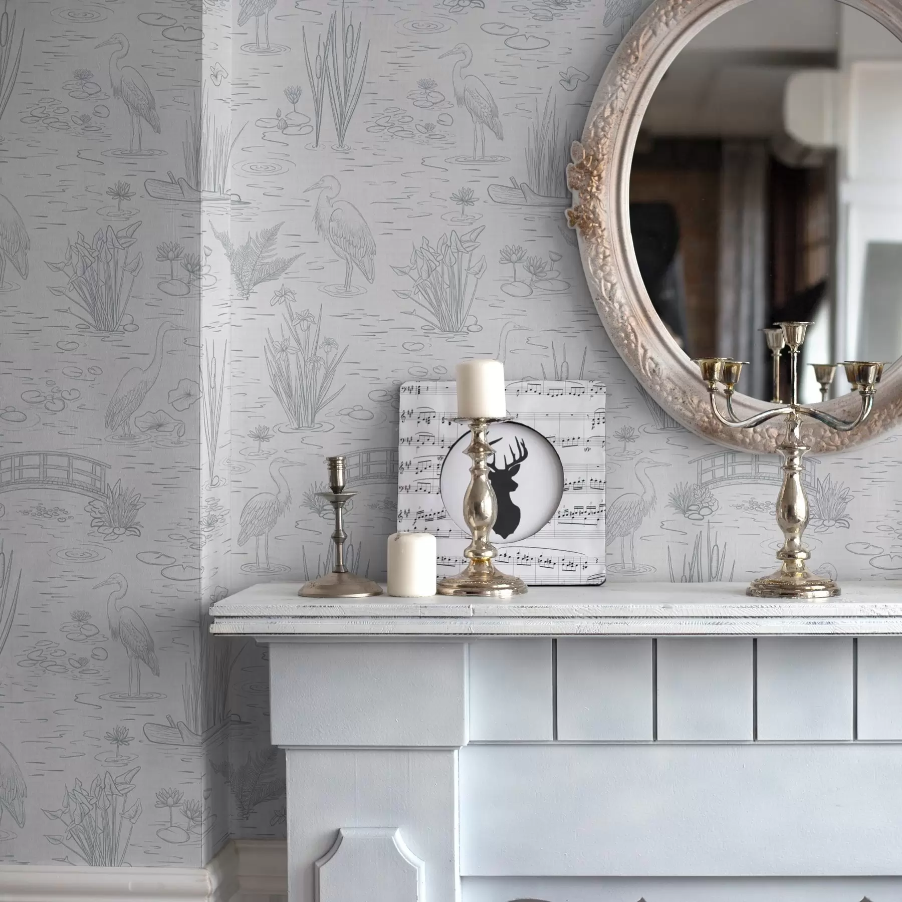 Fototapety Kresba volaviek a vodných rastlín v pokojných sivých odtieňoch a00479